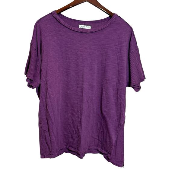 We The Free waffle knit top Purple boxy bohemian distressed short sleeve Size L - Picture 1 of 6